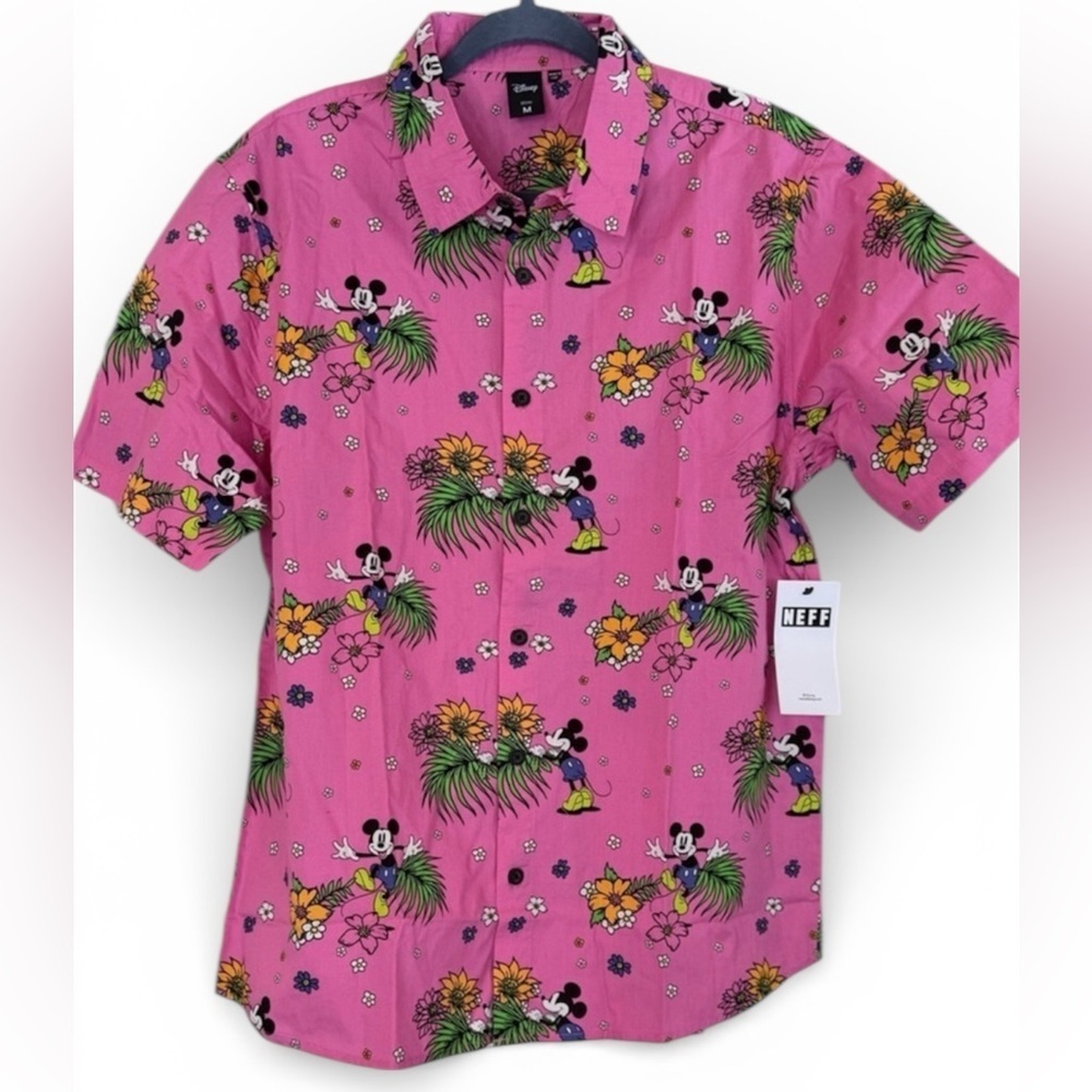 Mickey Mouse Vibrant Pink Character Floral Shirt New Medium 100% Cotton